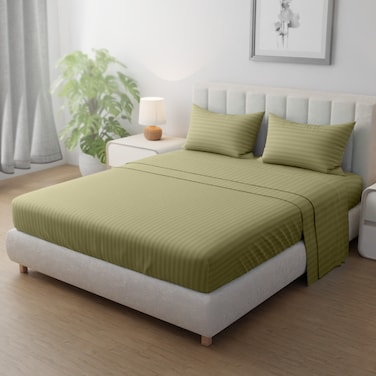 Klub Linen 3PC Striped Fitted Sheet Set, Ultra Soft Microfiber Bedding Set - 1 Fitted Sheet Queen (150x200cm) with Deep Pocket and 2 Pillowcases (50 x 75 cm), Olive