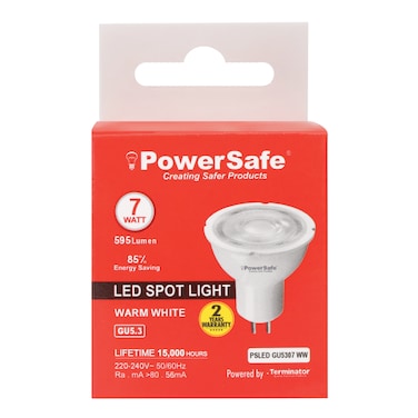 PowerSafe LED Spotlight GU5.3 7W Warm White, 595 Lumen, 3000K, 85% Energy Saving, 15,000 Hours Lifespan, with Surge Protection, ESMA Approved