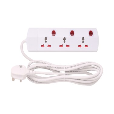 Terminator 3 Way Universal Power Extension Socket, Individual Switches with Neon Indicator, 1.25mm&sup2; Cable 3M &amp; 13A Fused Plug