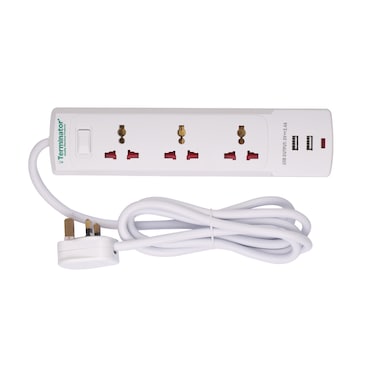 Terminator 3 Way Universal Power Extension Socket With 2USB 2.4A, Master Switch, Indicator and 2M Cable