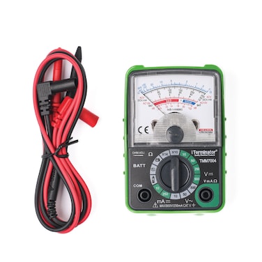 Terminator Analogue Multimeter Pocket Size, AC/DC Voltage 500V, DC current 250mA, Resistance, dB Measurement and Battery Test 1.5V and 9V, Green Color Holster