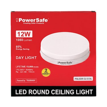 PowerSafe LED Round Ceiling Light 12W Daylight, 1080 Lumen, 6500K, 85% Energy Saving, 15,000 Hours Lifespan, with Surge Protection, ESMA Approved