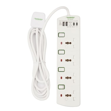 Terminator 4 Way Universal Power Extension Socket With Individual Switches, Indicators and 4 USB (2 USB-A &amp; 2 USB-C,  USB Output Max DC 5V 4600mA) 3M Cable 13A