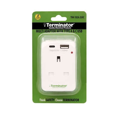Terminator 3 Way UK Socket Multi Adaptor with 2 USB  (A &amp; C Type) 2.1A, Indicator&nbsp;and&nbsp;13A&nbsp;Fused Plug