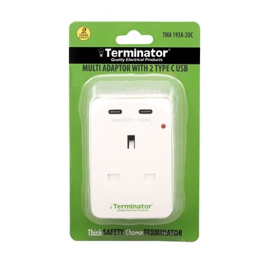 Terminator 3 Way UK Socket Multi Adaptor with 2 C Type USB 2.1A, Indicator&nbsp;and&nbsp;13A&nbsp;Fused Plug