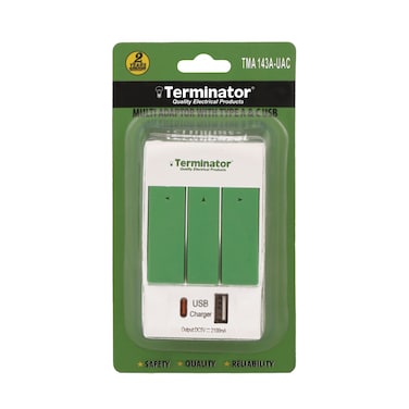 Terminator 3 Way Universal Socket Multi Adaptor with 2 USB 2.1A (A &amp; C Type)  Individual Switches, Indicators &amp; 13A Plug.