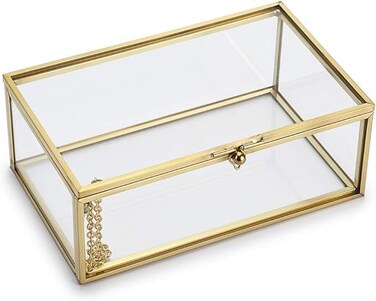 LAMSIT IBDAA Glass Keepsake Box - Rectangle Jewelry Display Organizer Box - Vanity Lidded Box Home Decor Accent - Decorative Box for Storage Trinket Rings Bracelet (Gold, Small (15x10x7 cm))