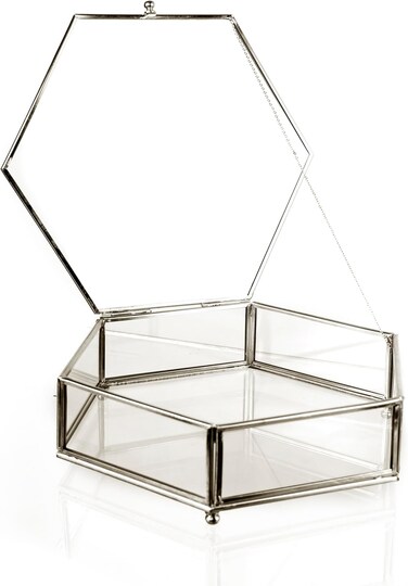 LAMSIT IBDAA Glass Keepsake Box - Hexagon Jewelry Display Organizer Box - Vanity Lidded Box Home Decor Accent - Decorative Box for Storage Trinket Rings Bracelet (Silver, Medium (25x22x5 cm))