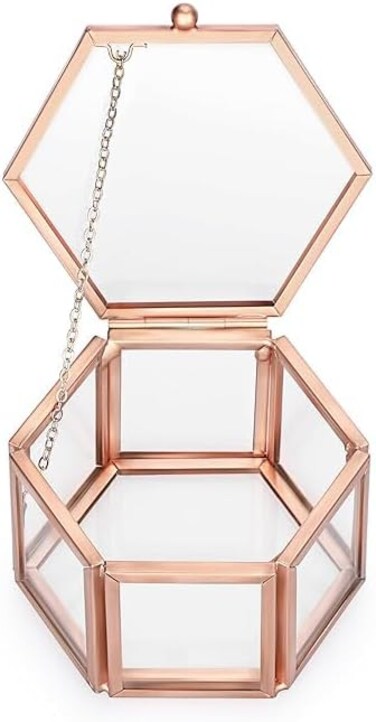 Small Glass Jewelry Trinket Box Ornate Rings &ndash; Hexagon Gold Ring Storage Display Box - Decorative Earrings Organizer &ndash; Keepsake Case with Lid for Proposal Engagement Wedding (Rose Gold, Hexagon)