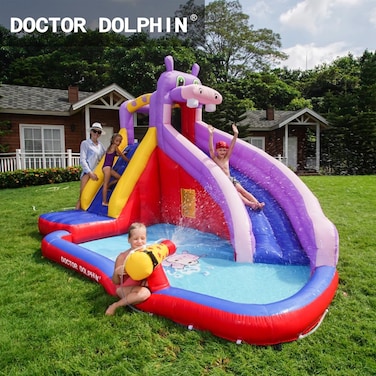 Doctor Dolphin Inflatable Water Slide with Blower,Long Water Slides for Kids Backyard with Climbing Wall,Kids Bounce House with Slide,Hippo Theme Water Park with Plash Pool for Outdoor