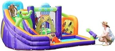 
AirMyFun Inflatable Water slide Frog Theme Bounce House for Big Kids 8-12 with Long Slide and Spray Water Gun for Kids Backyard Inflatable Bouncy Castle