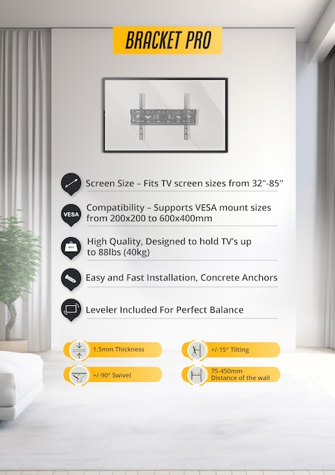 Bracket Pro Full Motion TV Wall Mount for 32-85 Inch Screens &ndash; Tilting &amp; Swiveling &ndash; Heavy-Duty Steel, Holds up to 88lbs (40kg) &ndash; VESA 200x200 to 600x400 &ndash; Easy Installation - BPX3285