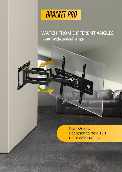 Bracket Pro Full Motion TV Wall Mount for 32-85 Inch Screens &ndash; Tilting &amp; Swiveling &ndash; Heavy-Duty Steel, Holds up to 88lbs (40kg) &ndash; VESA 200x200 to 600x400 &ndash; Easy Installation - BPX3285