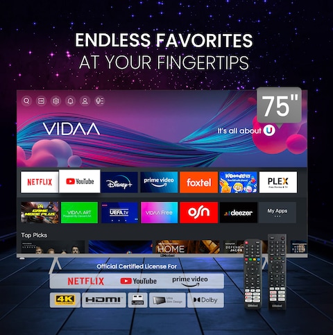 نوبل تلفزيون LED ذكي 75 بوصة 4K UHD بدون اطار مع اندرويد 13 وHDR ومنافذ HDMI وUSB وشبكة محلية LAN ومدخل محوري ومكبرات صوت مدمجة وواي فاي وDLED فائق النحافة للبث UHD75VIDS، اسود