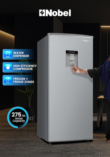 Nobel 275L Gross, 190L Net Single Door Refrigerator, Defrost, Mechanical Temp Control, Recessed Handle, R600a Refrigerant, 2 Glass Shelves, Vegetable Crisper - NR210SS