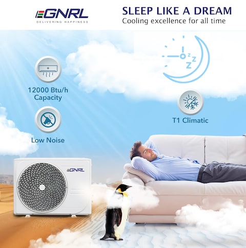 EGNRL Split AC White 12000 BTU T1 Rotary R410a, EG12C, 2024 New Series Model, with 3M Pipe Kit, Golden Fin, Rotary, 1 Year Manufacturer Warranty, 1 Year Compressor Warranty