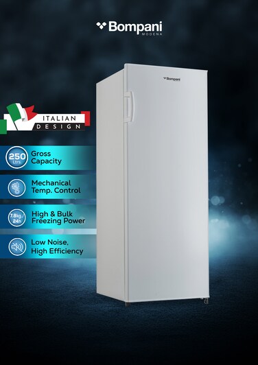 Bompani 250L Gross / 172L Net Capacity Upright Freezer   With 5 Drawers &amp; 1 Flap, Mechanical Temperature Control, Lock &amp; Key, External Handle, Manual Defrost &ndash; BUF265SSN Inox Gray