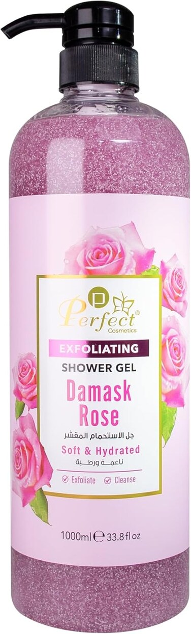 Perfect Exfoliating Shower Gel Damask Rose 1000ml   Hydrating Body Wash with Gentle Scrub   Moisturizing &amp; Smoothing Body Cleanser   Floral Rose Scent   For All Skin Types Men &amp; Women