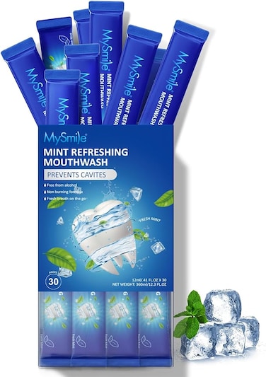 MySmile Mouthwash Alcohol Free, Mouth Wash for Adults, Travel Mouthwash Helps Kill 99% of Bad Breath Germs, Prevents Cavities, Fluoride Free, Fresh Mint, 30 Uses