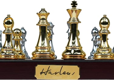 HARLEY FITNESS PROFESSIONAL WOODEN CHESS BOARD WITH METAL GLOSSY GOLDEN AND SILVER CHESS PIECES SET