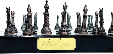 Harley Fitness - Historic Antique Wooden Chess Board - Vintage Design with Intricate Detailing in Silver and Copper - Folding Chessboard &ndash; Ideal for Beginners and Professional Players