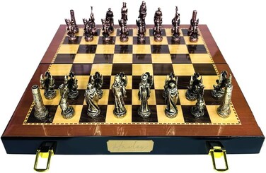Harley Fitness - Historic Antique Wooden Chess Board with Dragon-themed Chess Pieces - Golden and Copper Detailing - Vintage Collectible - Folding Chessboard &ndash; for Beginners and Professional Players