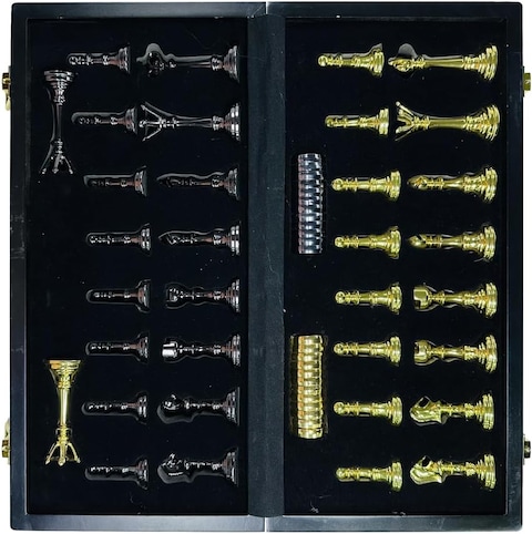 Harley Fitness - Black and Gold Wooden Chess Sets - Chess &amp; Checkers Board Game Chess Board - with 2 Extra Queens - Elegant Vintage Design - Folding Chessboard &ndash; Sets for Adults &amp; Kids