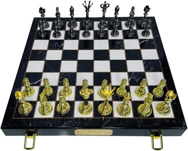 Harley Fitness - Black and Gold Wooden Chess Sets - Chess &amp; Checkers Board Game Chess Board - with 2 Extra Queens - Elegant Vintage Design - Folding Chessboard &ndash; Sets for Adults &amp; Kids