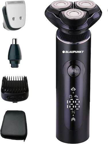 Blaupunkt 4-in-1 Shaver Grooming Kit for Men, Metal Body, Hair &amp; Nose Trimmer, Cordless &amp; Corded Use, LCD Display, USB-C Charging, IPX7 Waterproof, Travel Lock, 60 Min Runtime - SVM604