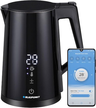 Blaupunkt Smart Wi-Fi Cordless Kettle 2200W - 1.7L, Tuya App Control, Voice Assistant Enabled, Temperature Selection, Timer, Auto Shut-Off, Double Wall Cool-Touch Body, S-Steel Interior - BKW825