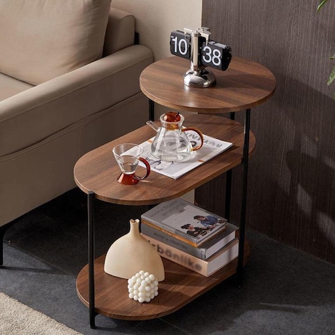 Vital End Table 3 Tiers coffe table Sofa Side Table - Wood Nightstand with Storage Shelf - Modern Plant Stand in Living Room Bedroom Balcony Small Space,Walnut+Black