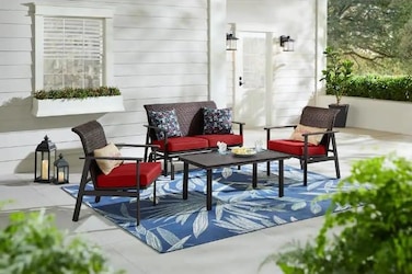 VITAL 4-Seater Outdoor Sofa Set, Bistro Furniture Wicker Patio Chairs with Cushion, Tempered Glass Table  Metal Frame Patio Garden Furniture I Modern Design Garden Lounge Sofa Set with Coffee Table