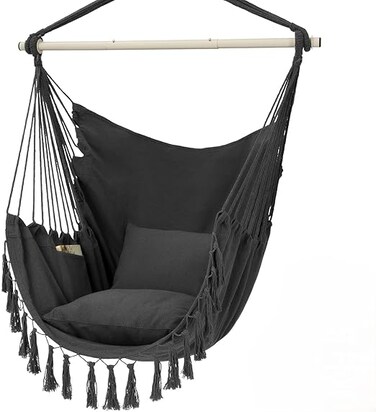 VITAL Travel Canvas Hammock Garden Hanging Chair for Bedroom, Max 150Kgs, 2 Pillows Included, Large Macrame Hanging Chair with Pocket, Cotton Weave for Superior Comfort, Durability Black