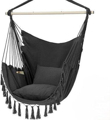 VITAL Travel Canvas Hammock Garden Hanging Chair for Bedroom, Max 150Kgs, 2 Pillows Included, Large Macrame Hanging Chair with Pocket, Cotton Weave for Superior Comfort, Durability Black