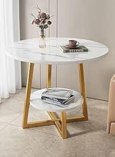 Vital 2-Layer Round Coffee Table,End Tables for Living Room, Side Tables, Sturdy and Easy Assembly,Double-deck Round Wood Look Accent Furniture with Wood Frame (GOLD WHITE)