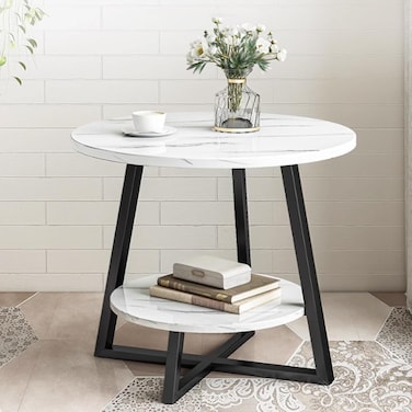 Vital 2-Layer Round Coffee Table,End Tables for Living Room, Side Tables, Sturdy and Easy Assembly,Double-deck Round Wood Look Accent Furniture with Wood Frame (BLACK WHITE)