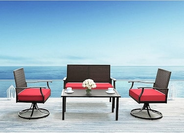 VITAL Patio Furniture Set 4 Pieces, Thick Metal Frame Outdoor Sectional, All Weather Chat Set w/Loveseat Sofa Rocking &amp; Swivel Chair