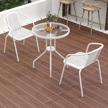 Vital Garden Dining Set 3 Piece Outdoor Furniture Patio Dining Table and Chair Balcony Dinner Table Dinner Chair Poly Rattan Anthracite (White)