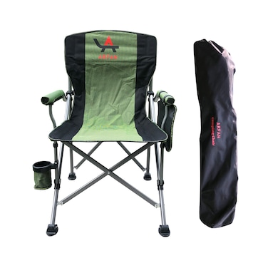 Foldable Camping Chair with Ergonomic High Back, Cup Holder, Adjustable Feet, and Storage Bag &ndash; Heavy-Duty Portable Outdoor Chair for Camping, Beach, Fishing, and Picnics - Green/Black