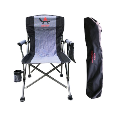 كرسي تخييم قابل للطي مع ظهر مرتفع مريح، حامل أكواب، أقدام قابلة للتعديل، وحقيبة تخزين - كرسي خارجي محمول شديد التحمل للتخييم والشاطئ وصيد الأسماك والنزهات - رمادي/أسود