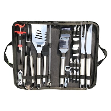 مجموعة أدوات الشواء الكاملة المكونة من 24 قطعة من الفولاذ المقاوم للصدأ مع ميزان حرارة رقمي، وحاقن اللحوم، والأسياخ، وحوامل الذرة، ومجموعة ملحقات الشواء الكاملة في حقيبة حمل محمولة.