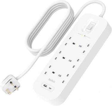 Belkin 6-Outlet Surge Protector Power Strip, Wall-Mountable with 6 AC Outlets, 2M Power Cord, &amp; Green Indicator Light - USB-C Port &amp; USB-A Port w/USB-C PD Fast Charging - 650 Joules of Protection