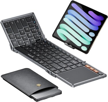 ProtoArc Foldable Keyboard with Touchpad, XK01 TP Folding Portable Keyboard, Full Size Keys, Large Trackpad Bluetooth Travel Keyboards for iPad Laptop PC Tablets - Black Gray