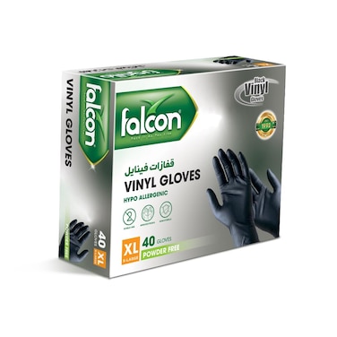 Falcon Vinyl Black Gloves Extra Large (XL) &ndash; Powder Free, 40 Pieces