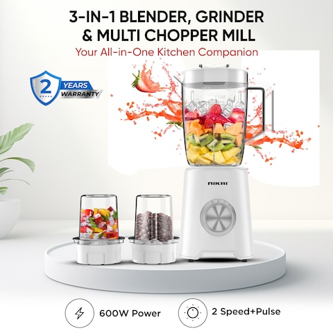 Nikai 3-in-1 Blender with 3 Jars, 1.5 Ltr Liquid Jar, 1 Coffee Grinder &amp; 1 Meat Mincer, 2 Speeds, Stainless Blades, Unbreakable Jar, Perfect for Dry &amp; Wet Fine Grinding, Mixing &amp; Juicing-NB1900NA1