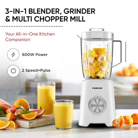 Nikai 3-in-1 Blender with 3 Jars, 1.5 Ltr Liquid Jar, 1 Coffee Grinder &amp; 1 Meat Mincer, 2 Speeds, Stainless Blades, Unbreakable Jar, Perfect for Dry &amp; Wet Fine Grinding, Mixing &amp; Juicing-NB1900NA1