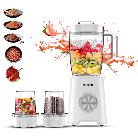 Nikai 3-in-1 Blender with 3 Jars, 1.5 Ltr Liquid Jar, 1 Coffee Grinder &amp; 1 Meat Mincer, 2 Speeds, Stainless Blades, Unbreakable Jar, Perfect for Dry &amp; Wet Fine Grinding, Mixing &amp; Juicing-NB1900NA1