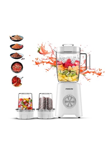 Nikai 3 In 1 Blender With 1.5 Ltr Liquid Jar, 1 Coffee Grinder, 1 Meat Mincer, 2 Speeds, Stainless Blades, Unbreakable Jar, For Dry &amp; Wet Fine Grinding, Mixing &amp; Juicing 1.5L 600W NB1900NA1 White