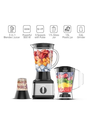 Nikai 3 In 1 Blender With Power, Stainless Steel Blades, Multifunctional Grinder, Glass &amp; Plastic Jugs, 5 Speeds + Pulse, Dry And Wet Fine Grinding, Mixing &amp; Juicing 500W NB3900GEB Black/Clear/Silver