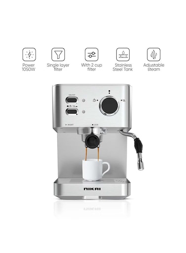 Nikai Coffee Machine For Making Espresso, Cappuccino And Latte - Stainless Steel Coffee Machine With 2-Cup Filter, Pre-Heating System And High-Pressure Frothing, 1.5L 1050W NEM230A Silver